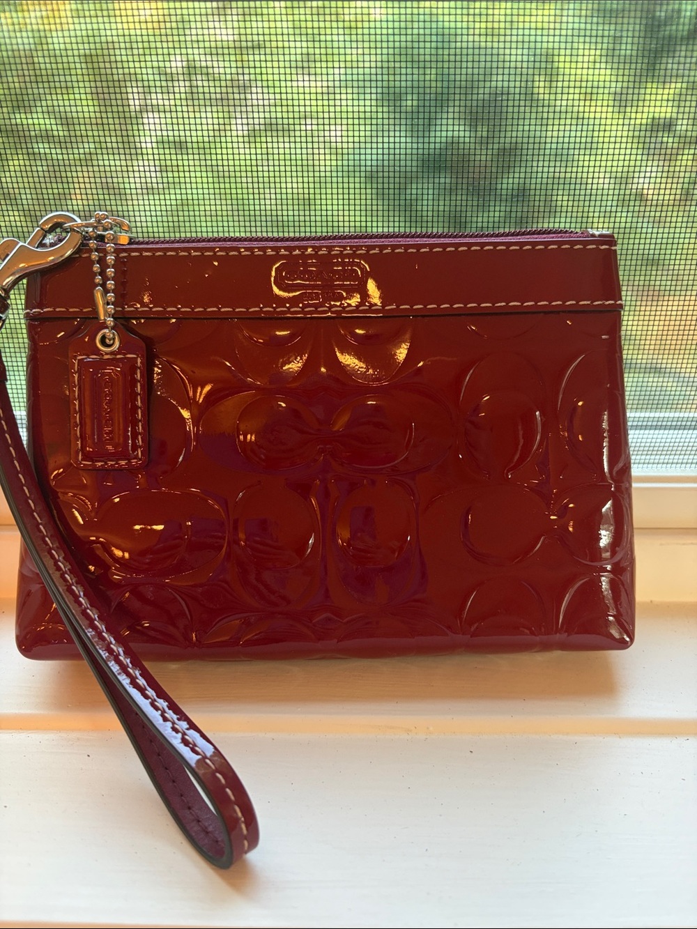 Coach Glossy Embossed Patent Leather Wristlet - Red with Silver